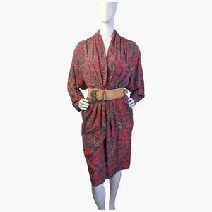 Vintage Red Paisley Midi Dress With Pockets | Draped Neck | Size Medium